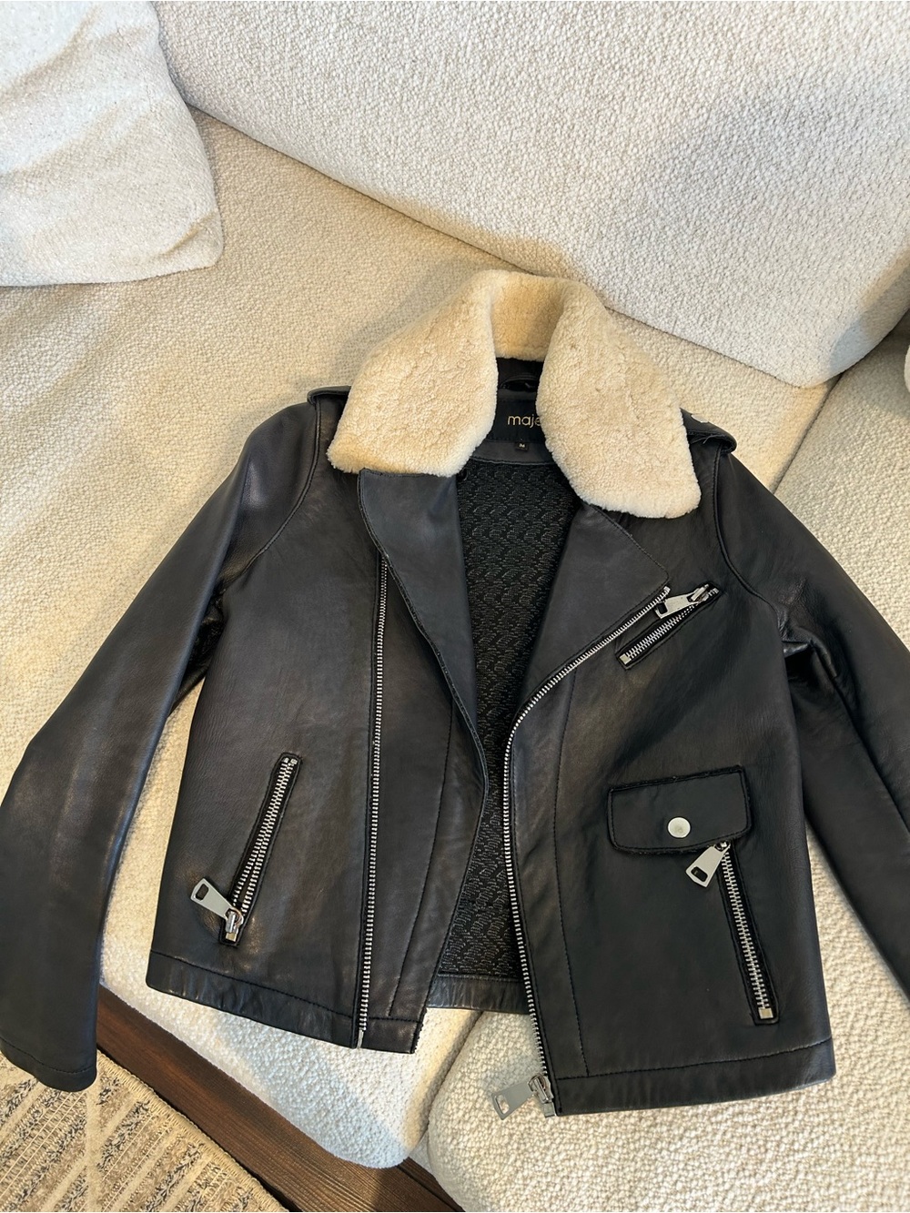 Maje Black Leather Jacket with Cream Shearling Collar